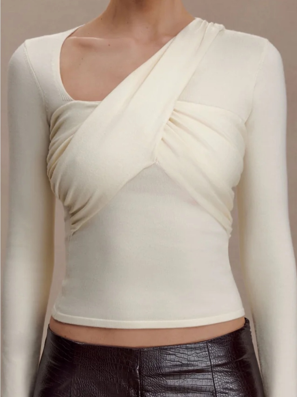 Meshki Ivory Asymmetric Draped Long-Sleeve Top